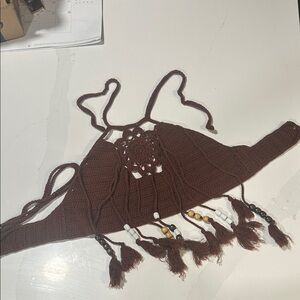 Boho Crochet Tie-Back Bralette Top - Brown